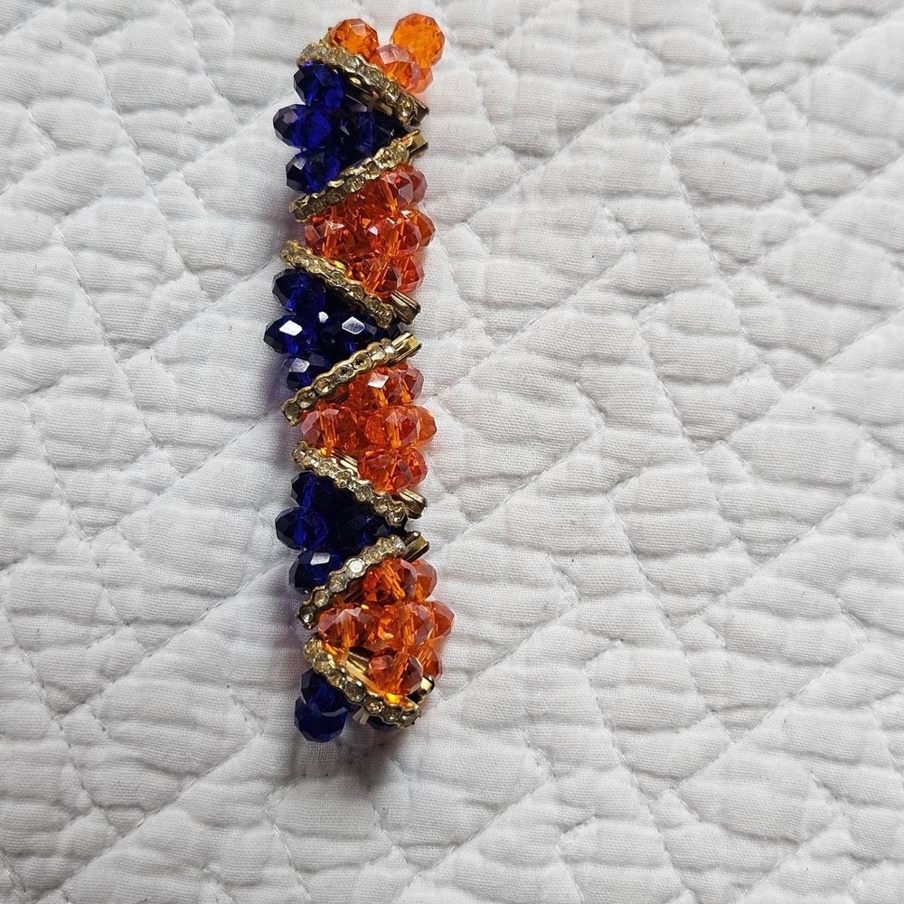 Orange Blue Beaded Stretch Bracelet Gold Accent Clear Crystal Rhinestone Boho
